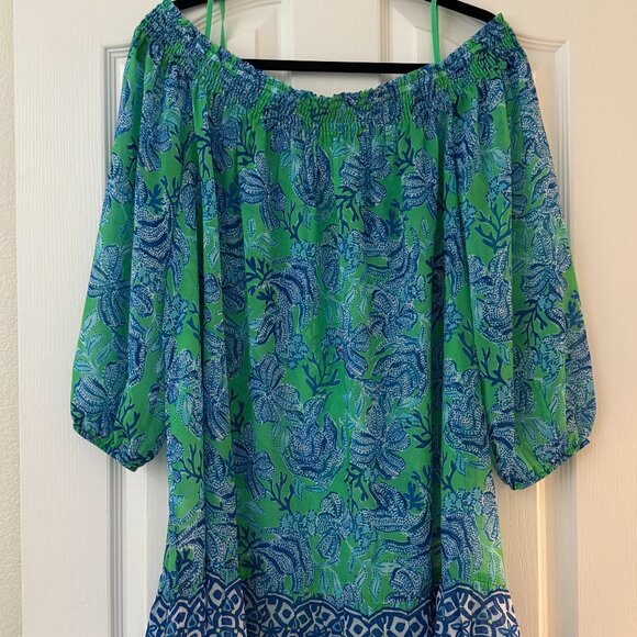 LILLY PULITZER OFF SHOULDER DRESS WOMEN XL GREEN BLUE FLORAL RESORT BOHO - Picture 3 of 10